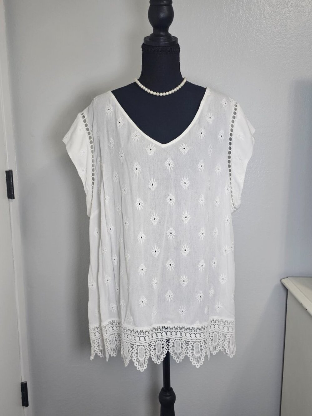 Daniel Rainn White Eyelet Lace Boho Blouse V-Neck Crochet Hem Short Sleeve 3XL - Picture 3 of 8